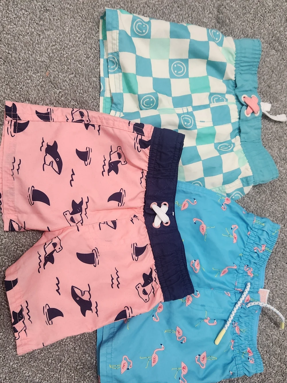 Kids Swim Shorts - Pink Shark Print, Blue Flamingo & Aqua Check Styles 12 Mth